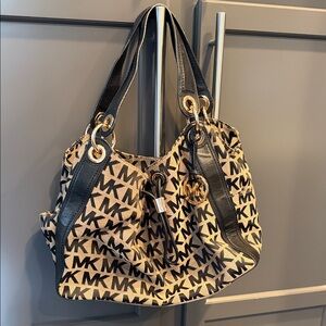 Michael Kors Beige Logo Canvas Shoulder Bag with Black Trim